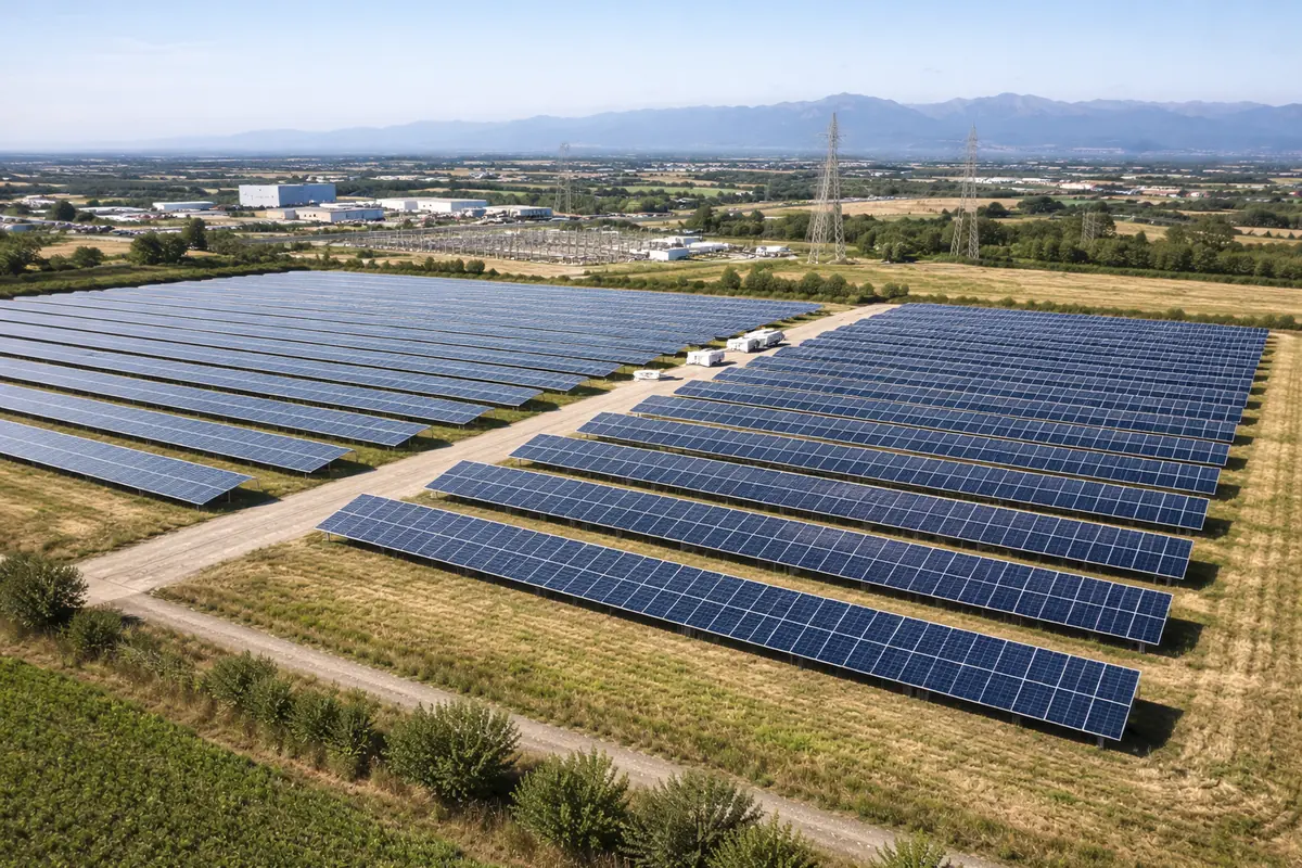 Impianto fotovoltaico a terra in pianura visto dall’alto